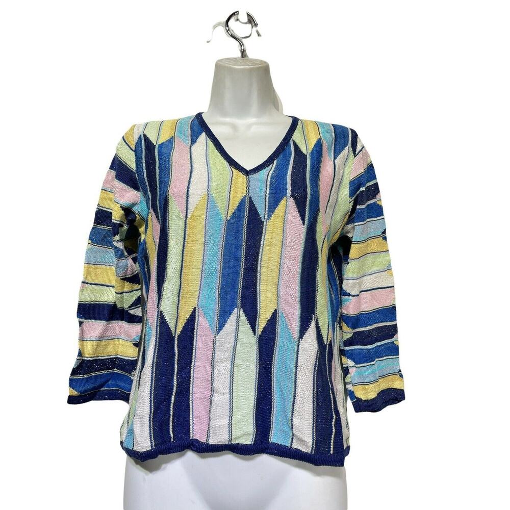 marcazzani italy stripe metallic v-neck Pullover sweater Womens size M